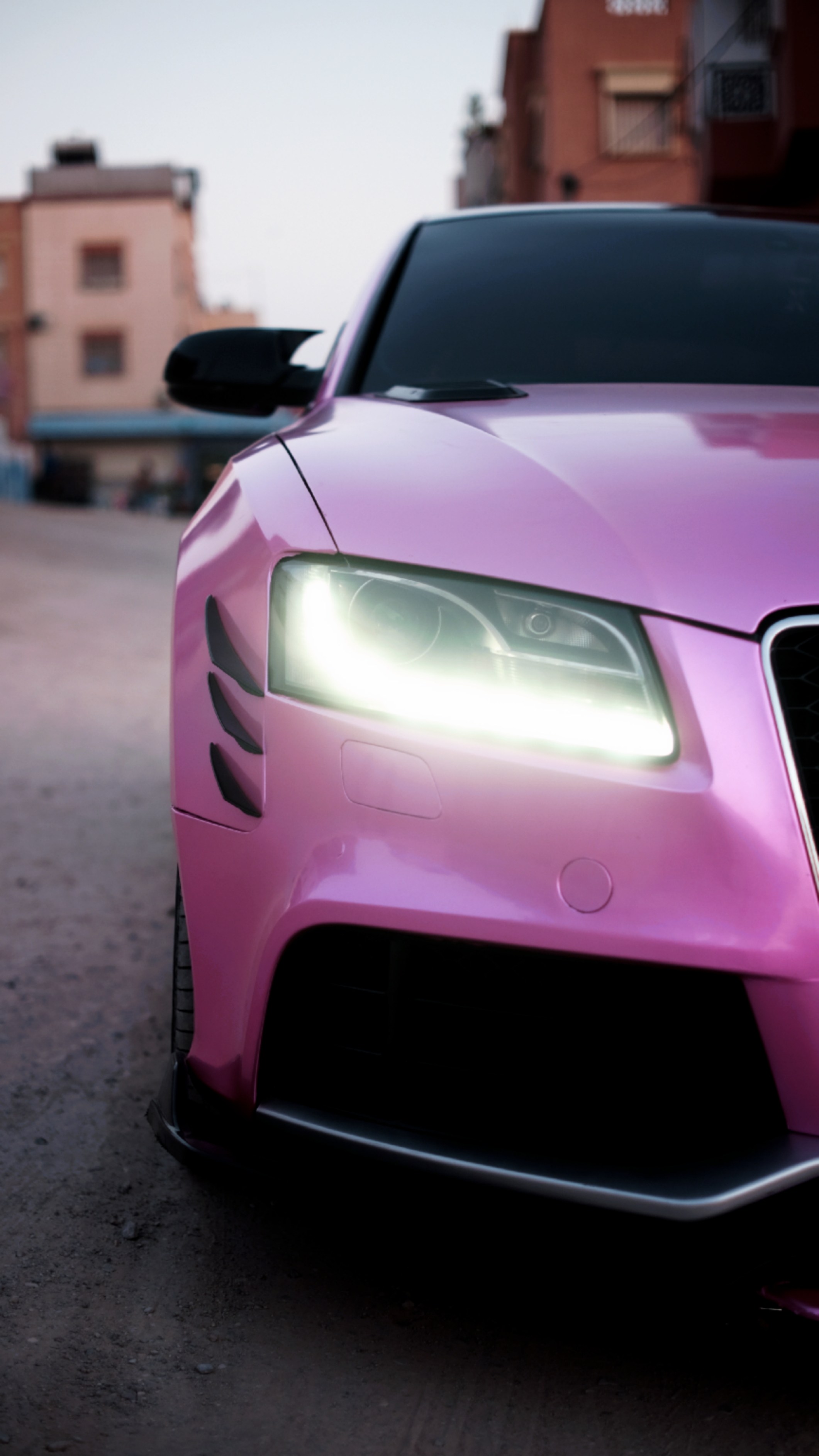 Pink Audi RS5 front detail with LED headlights