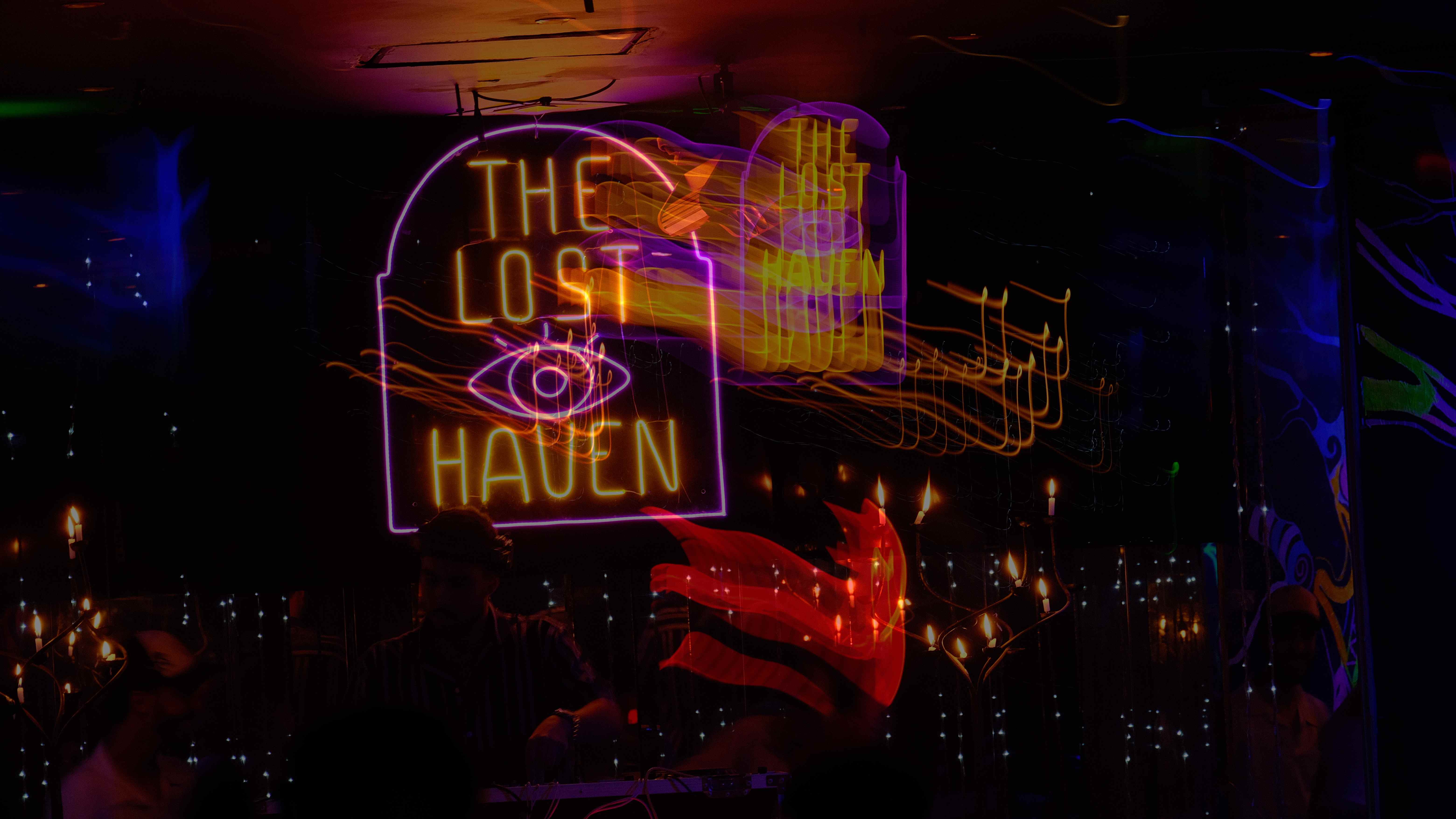 The Lost Haven venue with neon signage and crowd